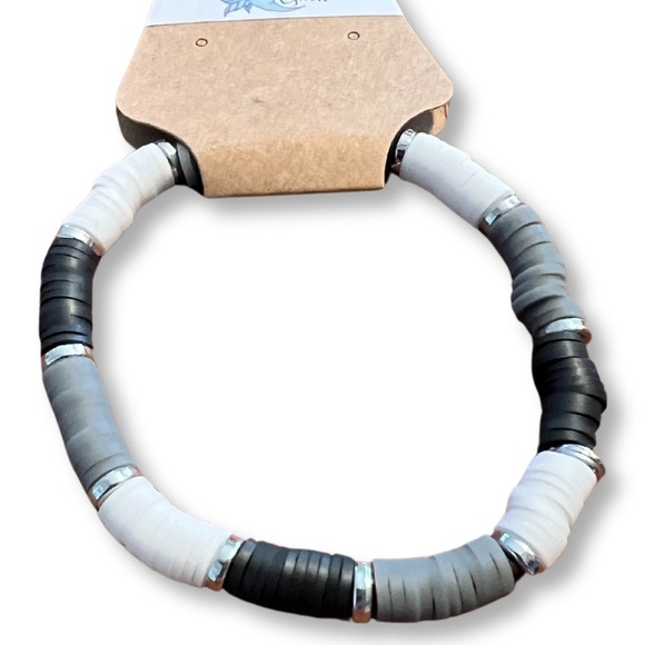 Clay Beads Stretchy Bracelet Black, Gray And White - Picture 1 of 2